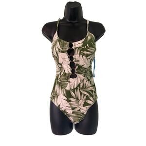 Skinny Dippers Womens Medium Green And Ivory Cut-Out Printed One-Piece Swimsuit